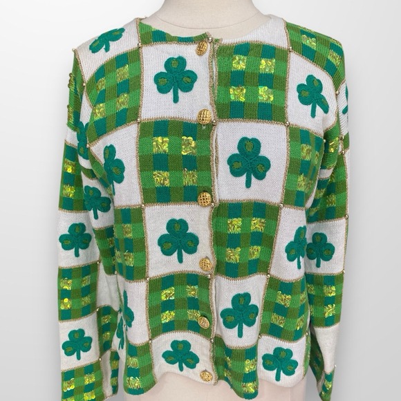 VTG Philip & Jane Gordon Shamrock St. Patty Patricks Gold Green Cardigan Sweater - Picture 1 of 8